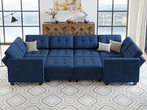 Miniatura 5 de Belffin Sofá cama modular seccional, azul, 3 plazas, algodón