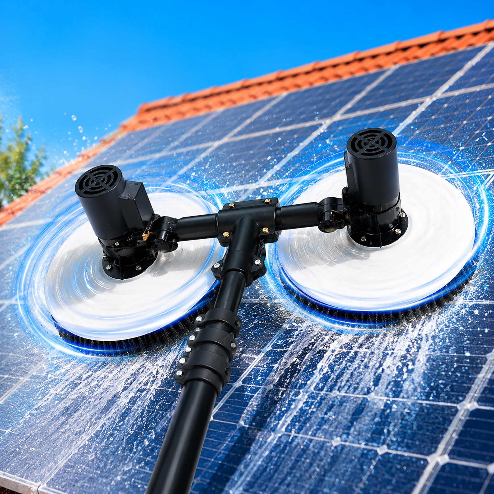 vnmudzeo Solar Panel Cleaning Machine – Dual Head Electric Rotating Brush with Telescopic Pole, 380 RPM Cleaning Tool for Home Rooftop and Solar Farm Panels 5.5m(18ft)