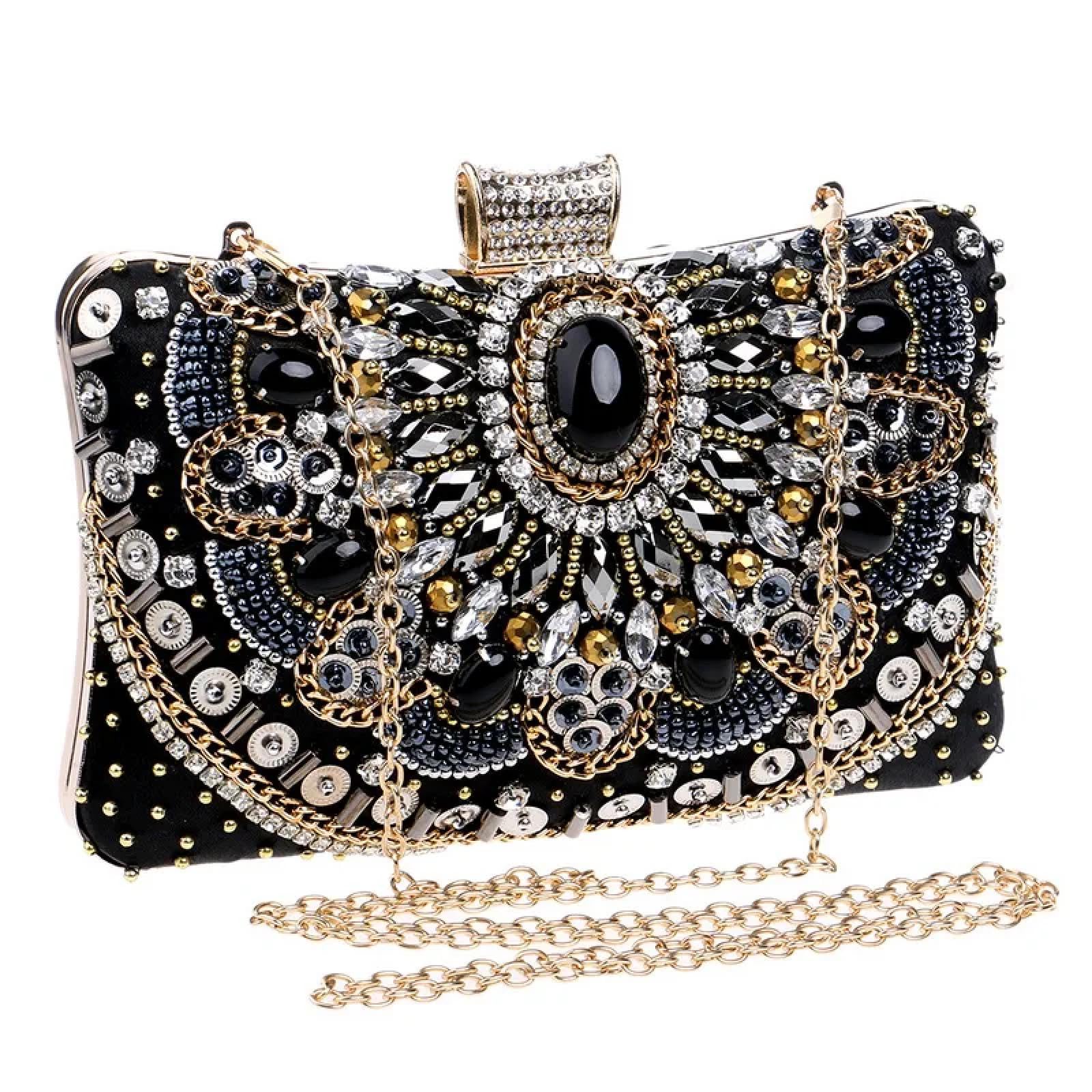 Abendtasche Damen Clutch Kleine Perlen Clutch Geldbörse Elegante Schwarze Abend Taschen Hochzeits Party Clutch Handtasche Metall Kette Umhängetaschen