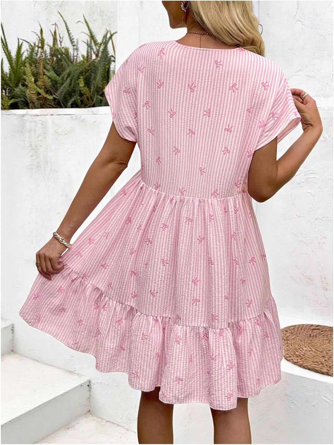 SOLY HUX Women's Summer V Neck Short Smocked Dress Striped Bow Print Ruffle Flowy Vacation Dresses - Image 3