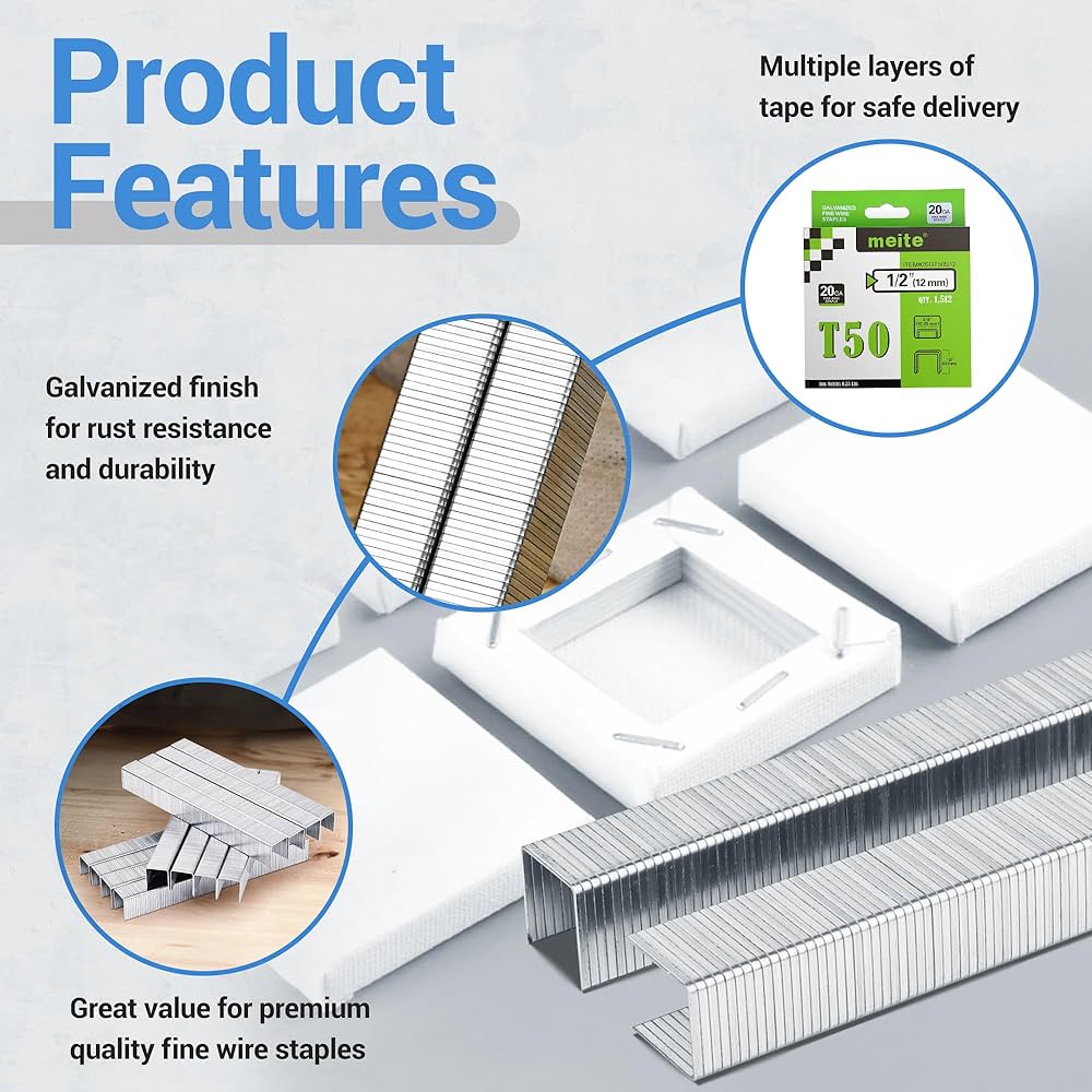 T50 Stainless Steel Staples Meite T50 Staples, 3/8 Inch Heavy Duty Staples For Staple Gun, 20 Gauge 3/8 Inch Crown Galvanized Upholstery Staples Staple Gun Staples (1,512 Counts T50 Staples 1/2