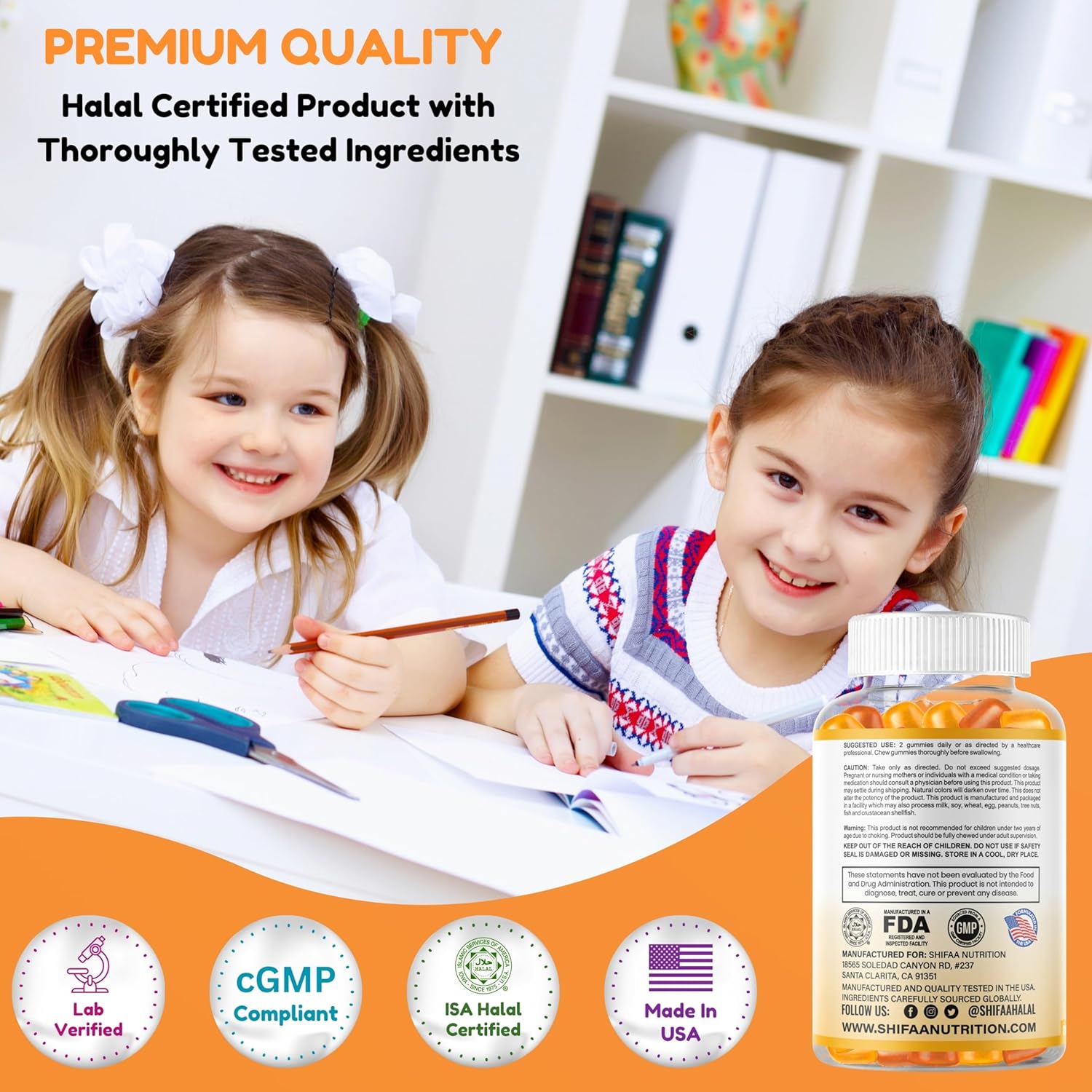 SHIFAA NUTRITION Halal Omega 3 for Kids with DHA Gummies for Brain Development, Heart & Immune Support, Plant-Based, Non-GMO, Algae-Based DHA, Gluten & Gelatin-Free Kids Omega 3 Gummies, 30 Servings