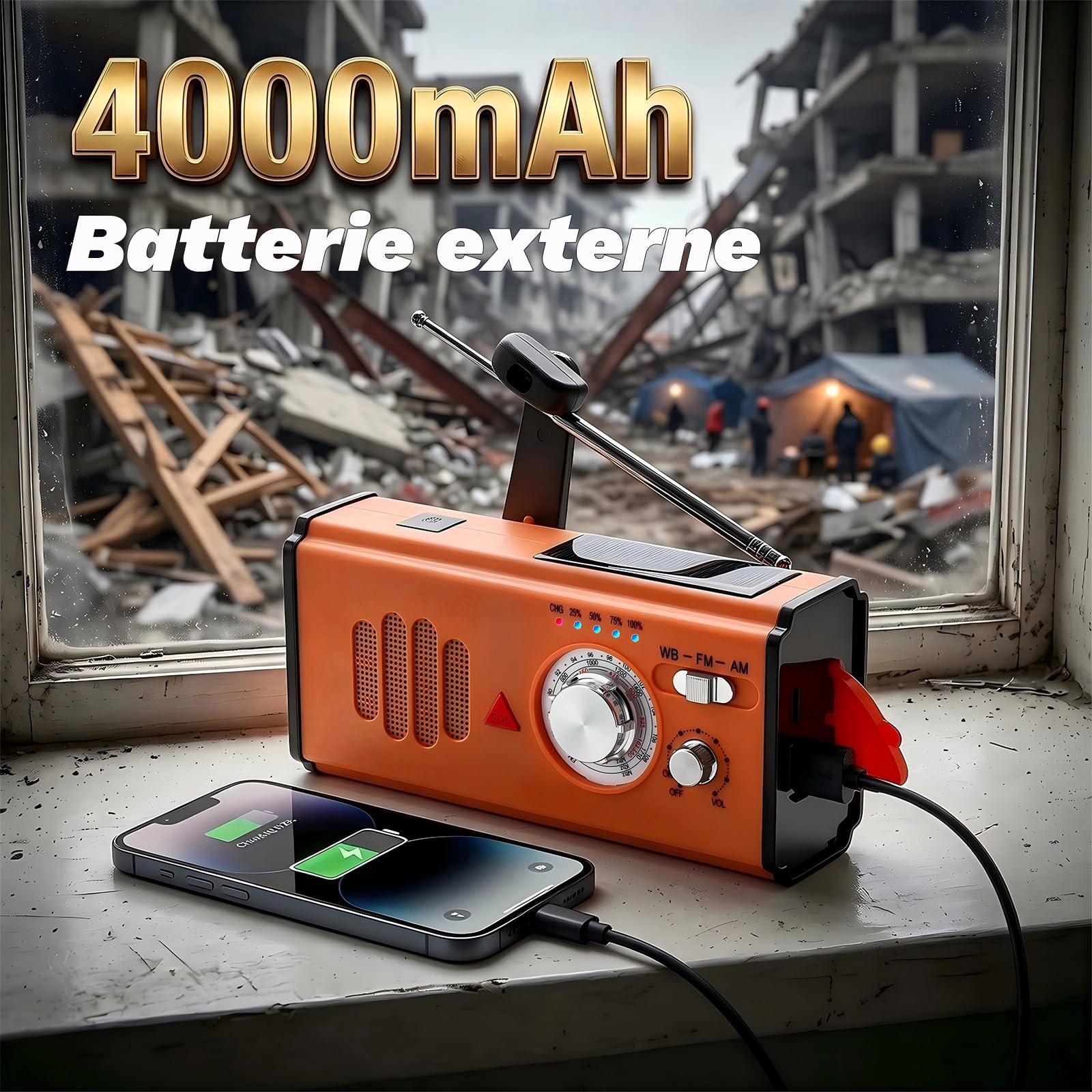 Radio Solaire d’Urgence,Radio à Manivelle avec 4000 mAh Power Bank,Charge d’Urgence USB‑C pour Smartphone，Radio Survie AM/FM/WB avec Lampe Torche LED et Alarme SOS – pour Camping Randonnée,Orange