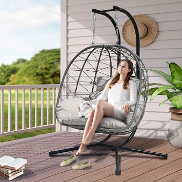 Double Egg Swing Chair with Stand - 2 Person Hammock Egg Chair for Outdoor, Patio, Garden & Balcony - Heavy-Duty Steel Frame, All-Weather Pe Rattan & Uv-Resistant Cushions Grey