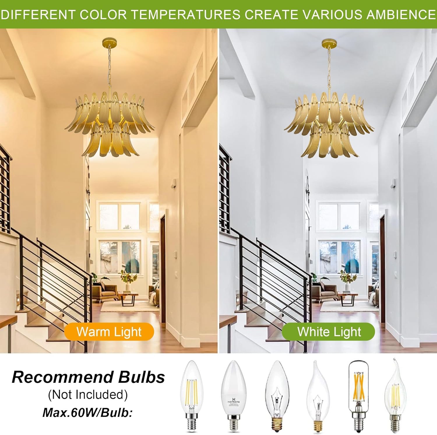 TOCHIC Gold Vintage Chandelier, 5 Lights Rustic Leaf Chandeliers for Dining Room, 24" 2-Tier Ceiling Light Fixture for Living Room, Bedroom, Entryway, Kitchen Island