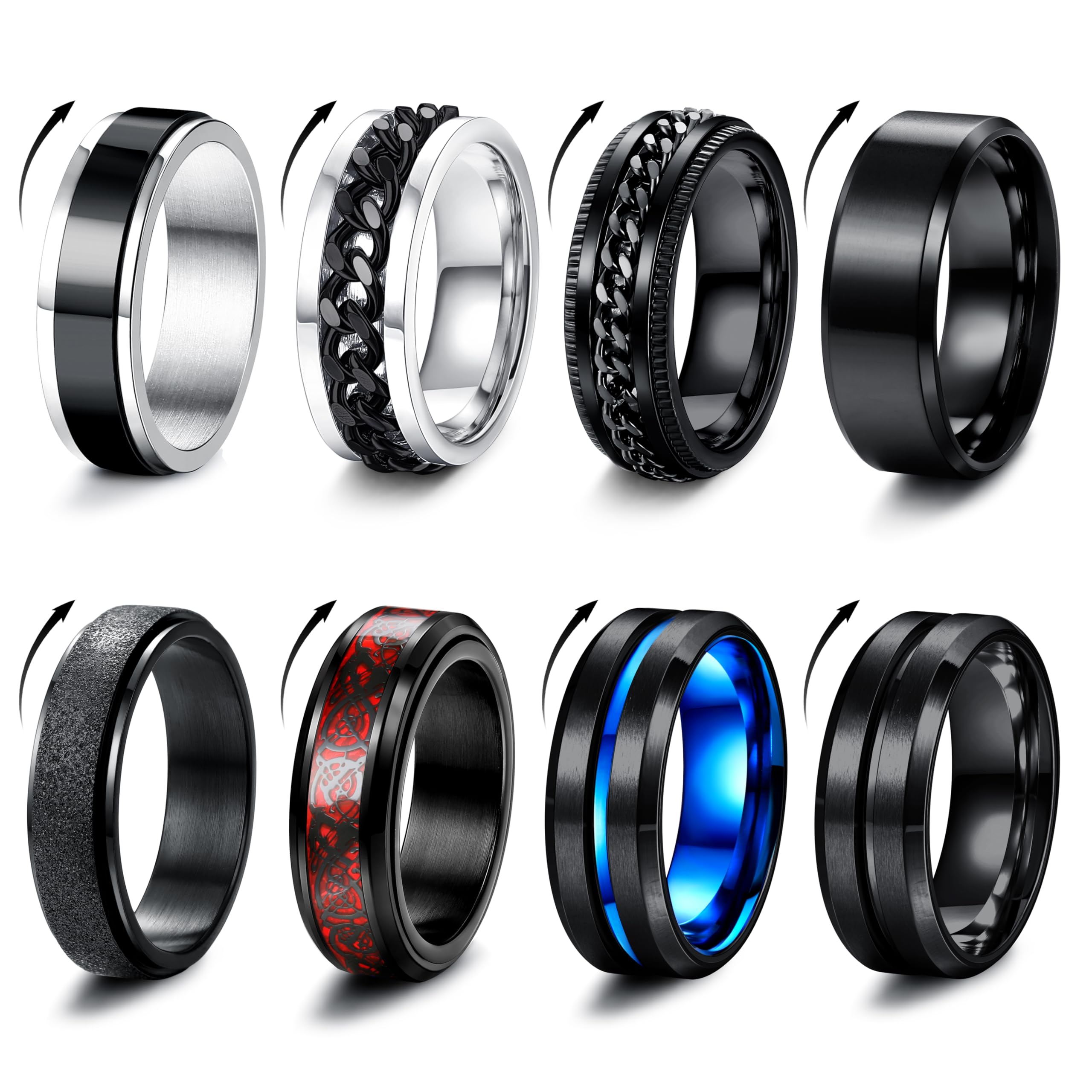 MILACOLATO 8Pcs Anello Uomo Acciaio Inossidabile Vintage Catena Anelli Set Punk Gotico Anello Donna Uomo Nero Anello Donna Nero Acciaio Set Anelli Acciaio Uomo