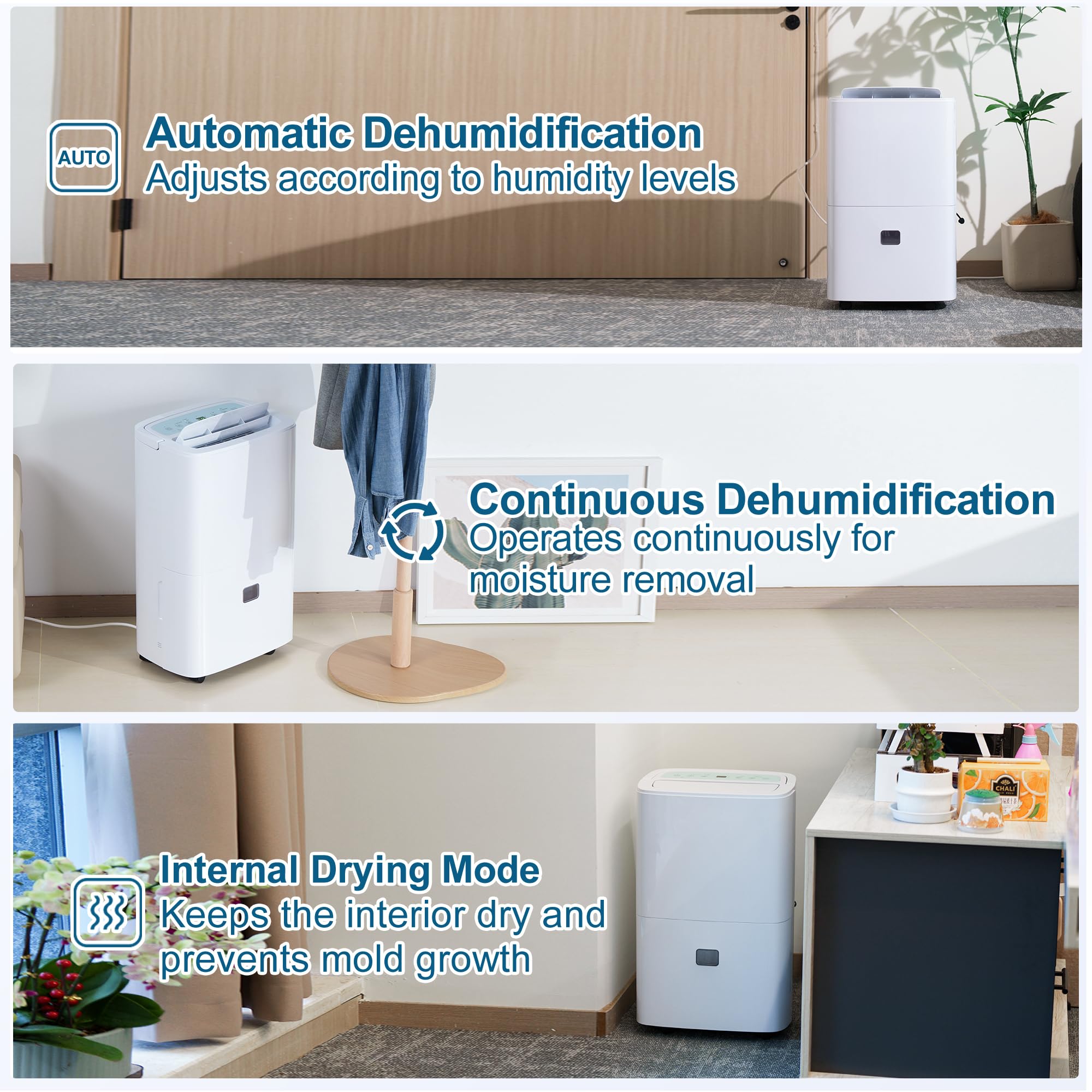 Deshumidificador Silencioso Bomba Automático: Control Humedad 90L/Día 240m² 43dB Bajo Consumo para Baño Habitación Cocina Garaje Sótano Apartamento Trastero Lavandería