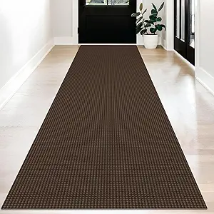 KOZYFLY Long Runners for Hallways 3x12 ft Washable Kitchen Runner Non Slip Rubber Backed Hallway Rugs Cotton Entryway Runner Rug Floor Carpet for Indoor Hall, Backdoor, Kitchen, Reddish Brown/Coffee