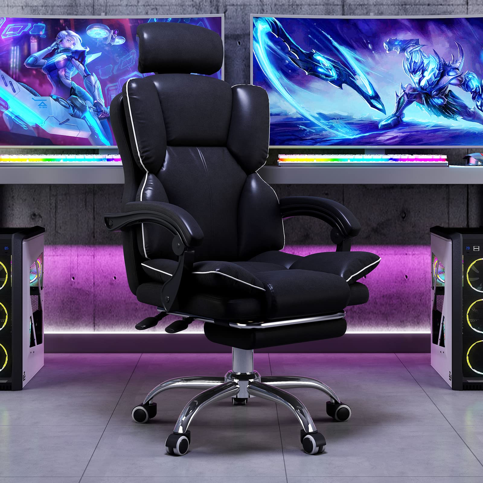 ALMEKAQUZ Gaming Chair,Breathable PVC Leather,135° Recliner System,100Kg Weight Capacity,Adjustable Arm-Rest, Retractable Footrest,Steel 5-Star Base (Black)