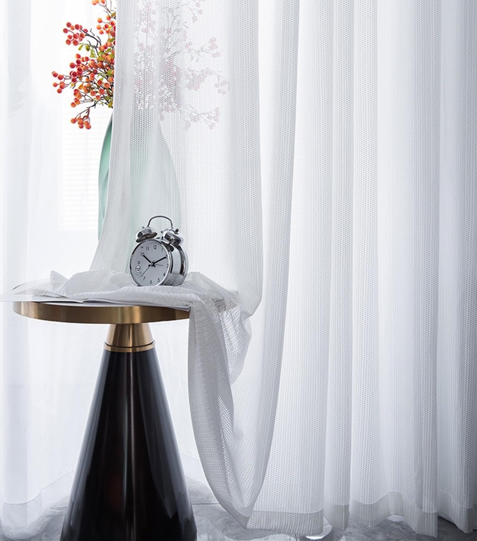 Epinki Voilage Géométrique Blanc Polyester 132x274cm Rideaux à Oeillets pour Chambre, Lot de 2