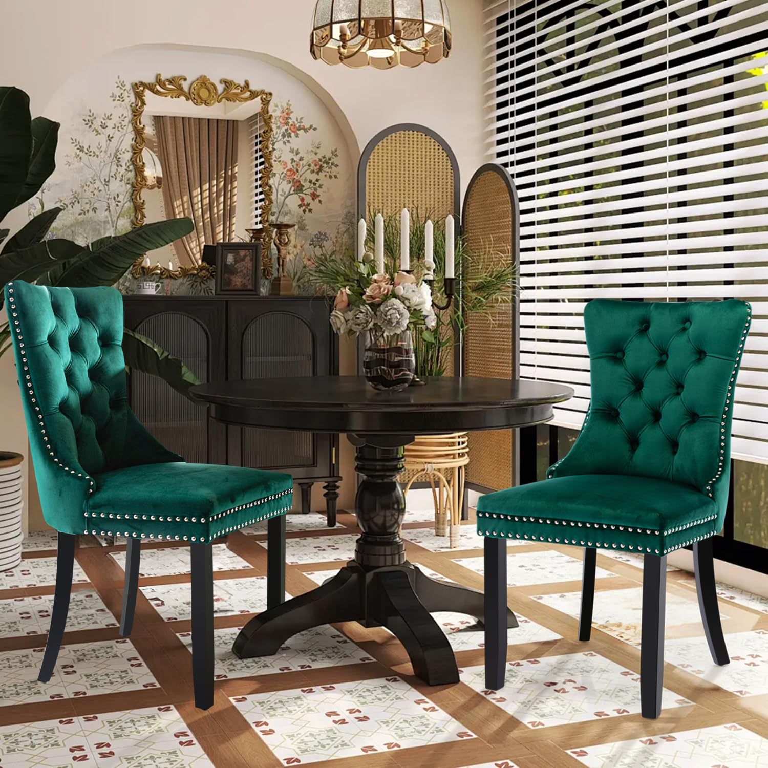 SoarTalent Velvet Upholstered Dining Chairs Set of 2, Modern Style Kitchen Side Chairs with Nailhead Trim and Wood Legs,Metal Pulling Ring for Dining