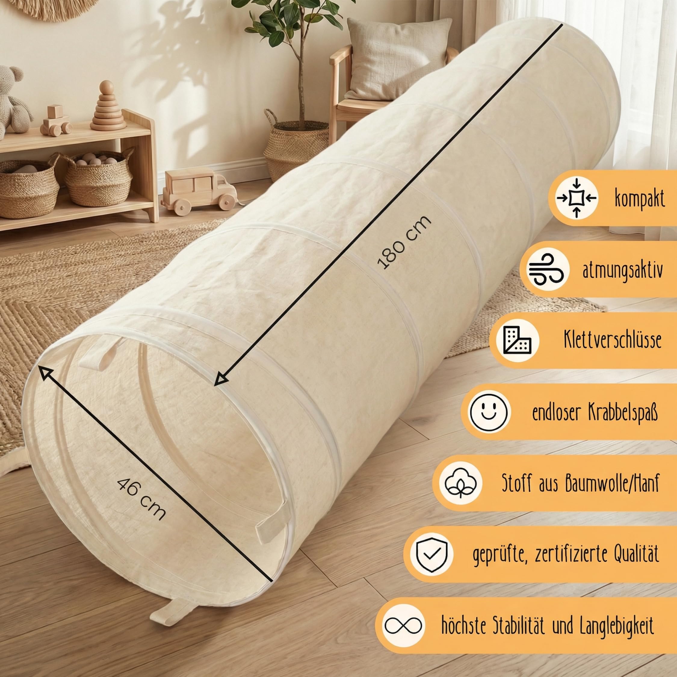 LIONHERZ® Spieltunnel für Kinder aus Baumwolle/Hanf mit Klettverschlüssen [180cm x 46cm] Krabbeltunnel für Baby | Faltbarer Pop-up Kriechtunnel | passend zu unserem runden Spielzelt (Cremeweiß)