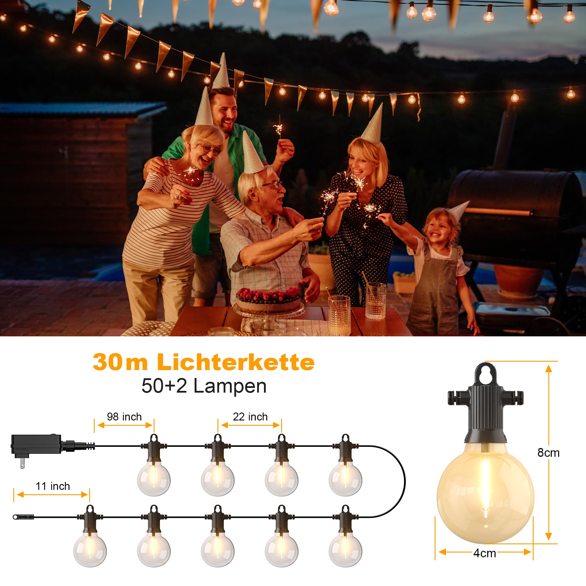 Zuske 30M Lichterkette Außen Strom, dimmbare Lichterkette Outdoor mit 30+2 G40 Glühbirnen, IP65 Wasserdicht Lichterkette für Garten Partys Balkon Hochzeit (Warmgelb, Warmweiß, Neutralweiß, Kaltweiß)