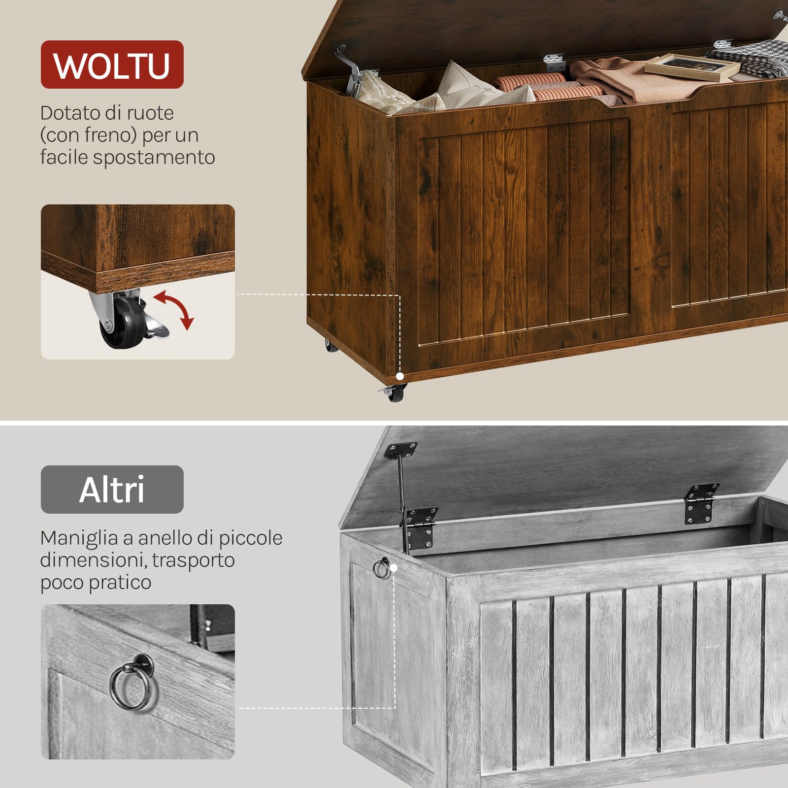 WOLTU Panca Contenitore con Ruote e 2 Cerniere di Sicurezza, Cassapanca Multiuso 100x40x50,5 cm, per Camera da Letto, Ingresso, Soggiorno, in Legno, Marrone Rustico