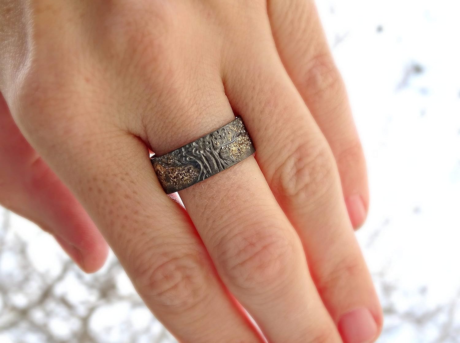 unique viking ring, celtic wedding band, tree of life ring black silver 14k gold, mens wedding ring molten gold and silver, Yggdrasil ring : Handmade Products