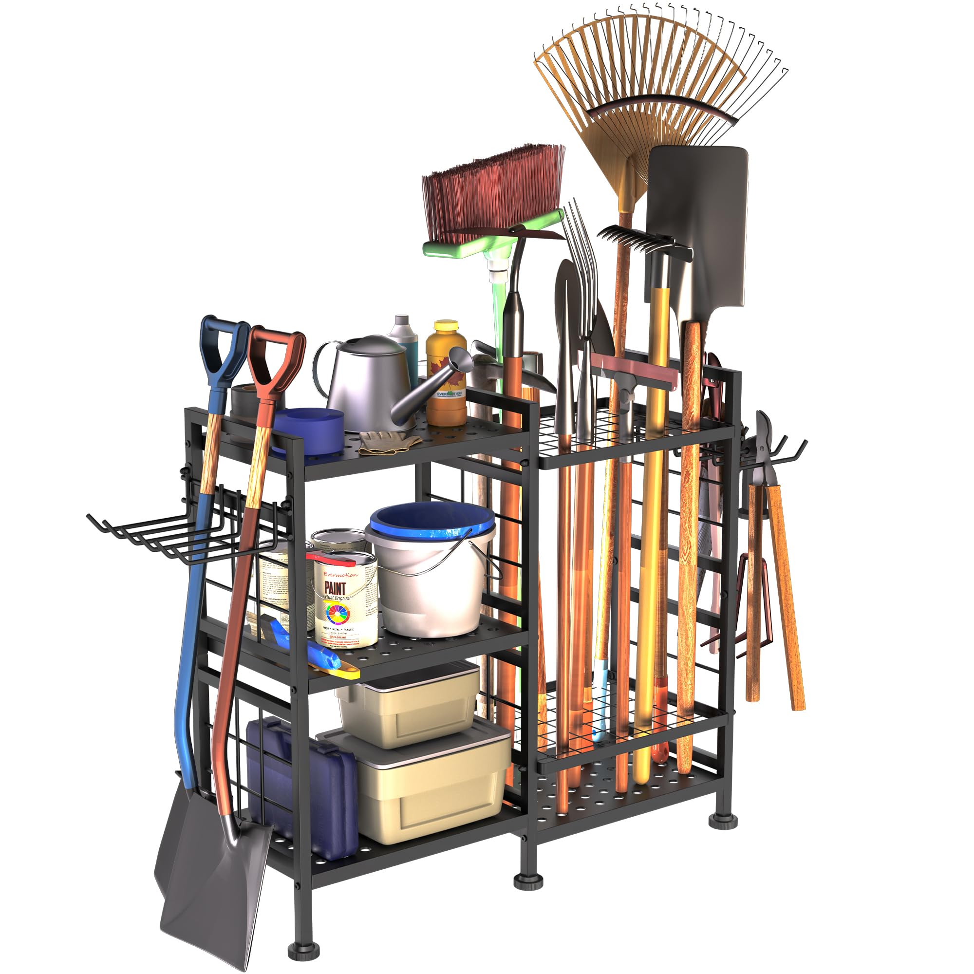 Garden Tool Storage Rack, 6 Tier Metal Shed Storage Organiser, Heavy Duty Garden Tool Holder for Garage, Yard, Patio, Shed, Indoors Outdoors, Black Garden Tool Organiser and Shed Storage Solutions