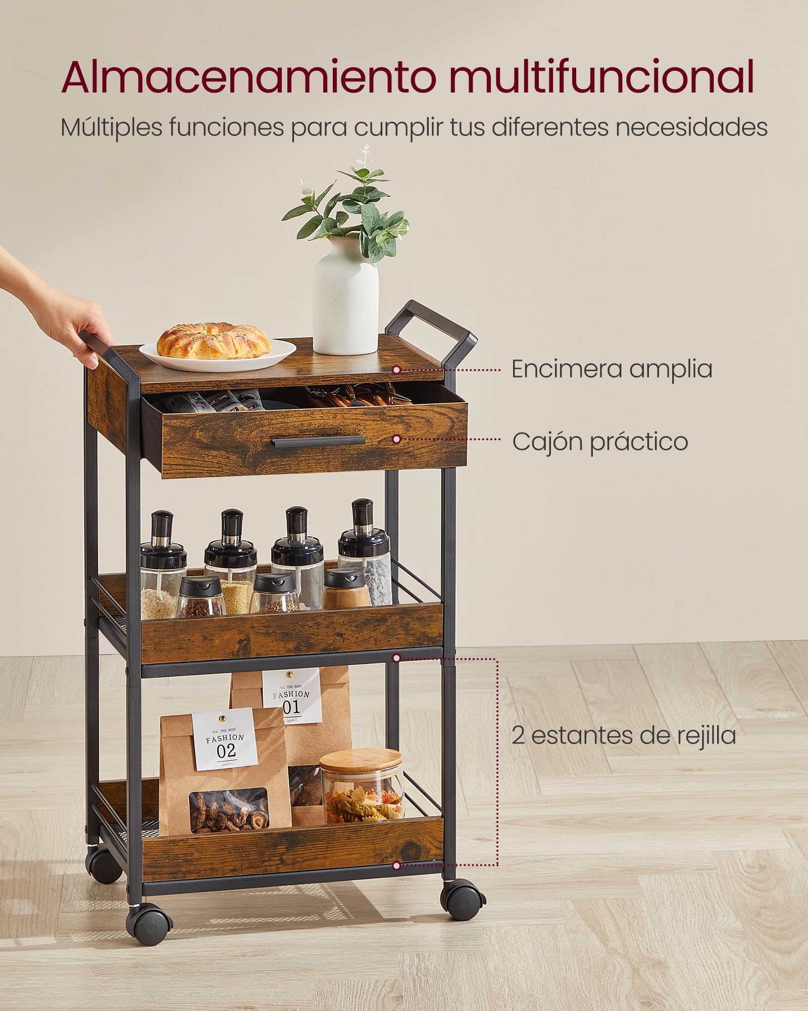 VASAGLE Carro de Almacenamiento, Carro Rodante de 3 Niveles, Aglomerado, con Freno, Cajón Superior, Estantes, para Cocina, Baño, Dormitorio, Marrón Rústico y Negro Tinta LRC048K01