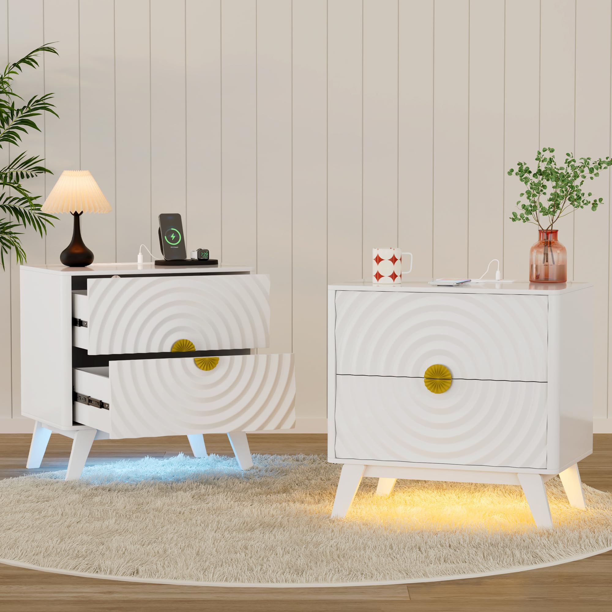 Led Bedside Tables Set of 2 with Charging Station and Body Sensor,White — image 1