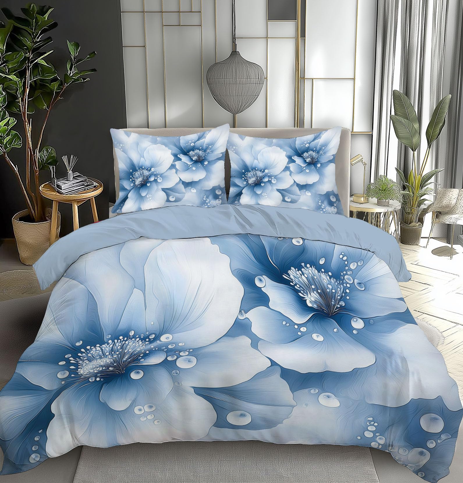 Housse de Couette Bleu Blanc Gouttes d'eau 200x200cm Parure de lit
