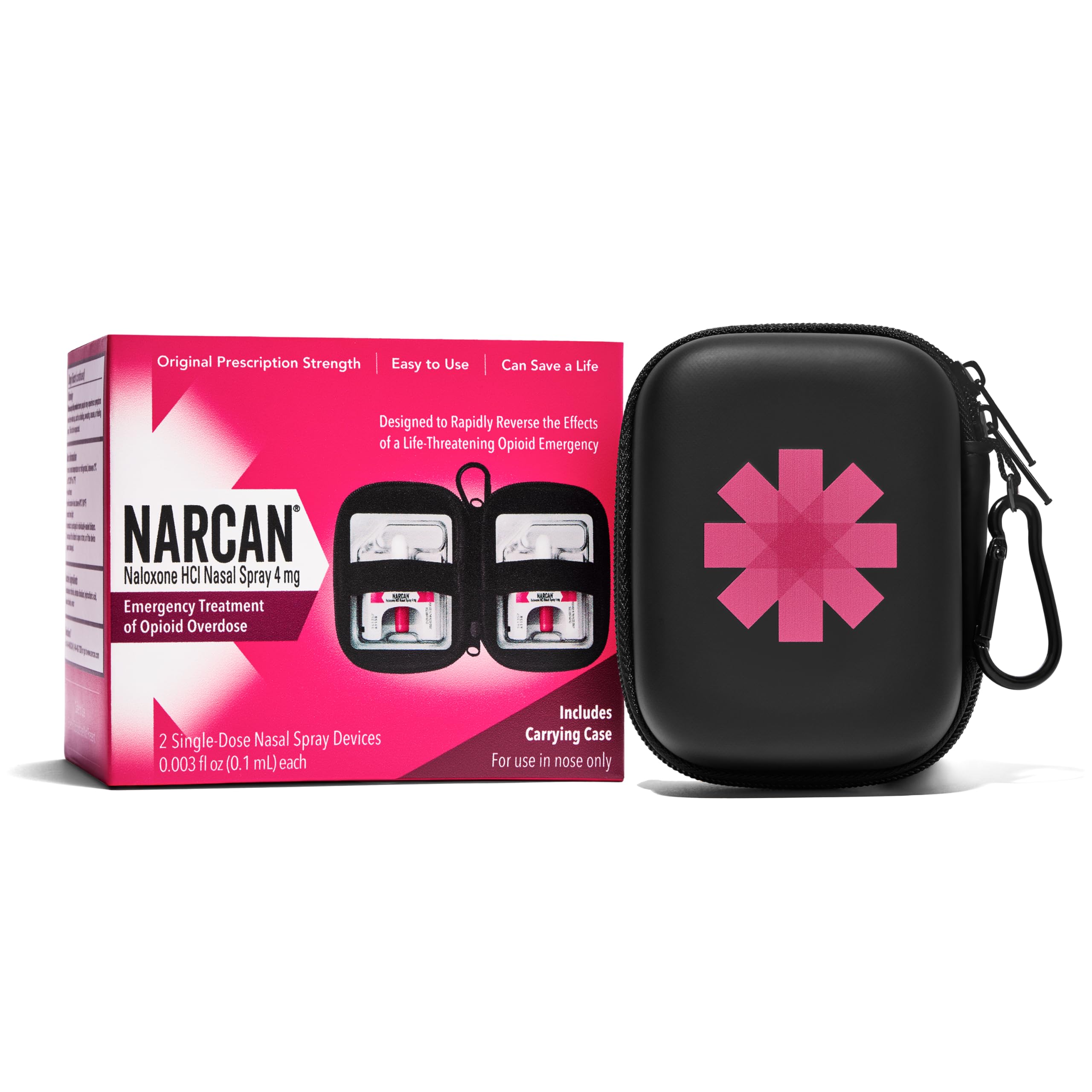 NARCAN Spray nasale 4 mg con custodia per il trasporto, trattamento di emergenza di overdose da oppiacei, 2 dispositivi monodose