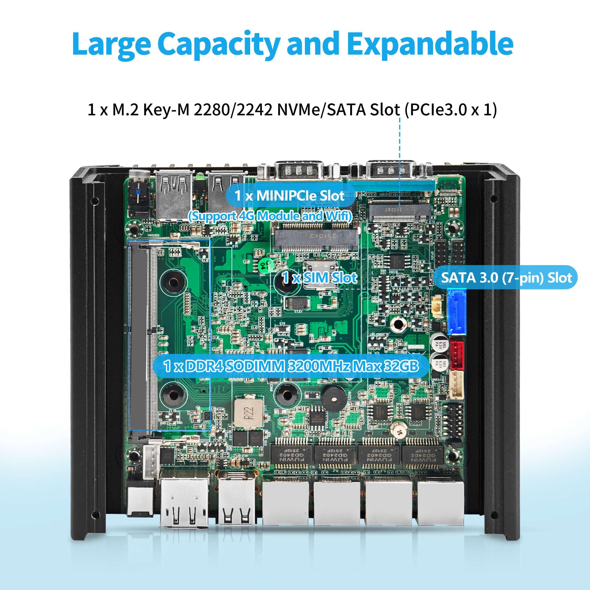 Mini PC Firewall, N305, Fanless Micro Computer Appliance, 4 x i226-V 2.5GbE LAN, Dual COM, Router Hardware, USB 3.1, HD, DP, OPNsense, AES-NI, DDR4, Barebone NO RAM NO SSD