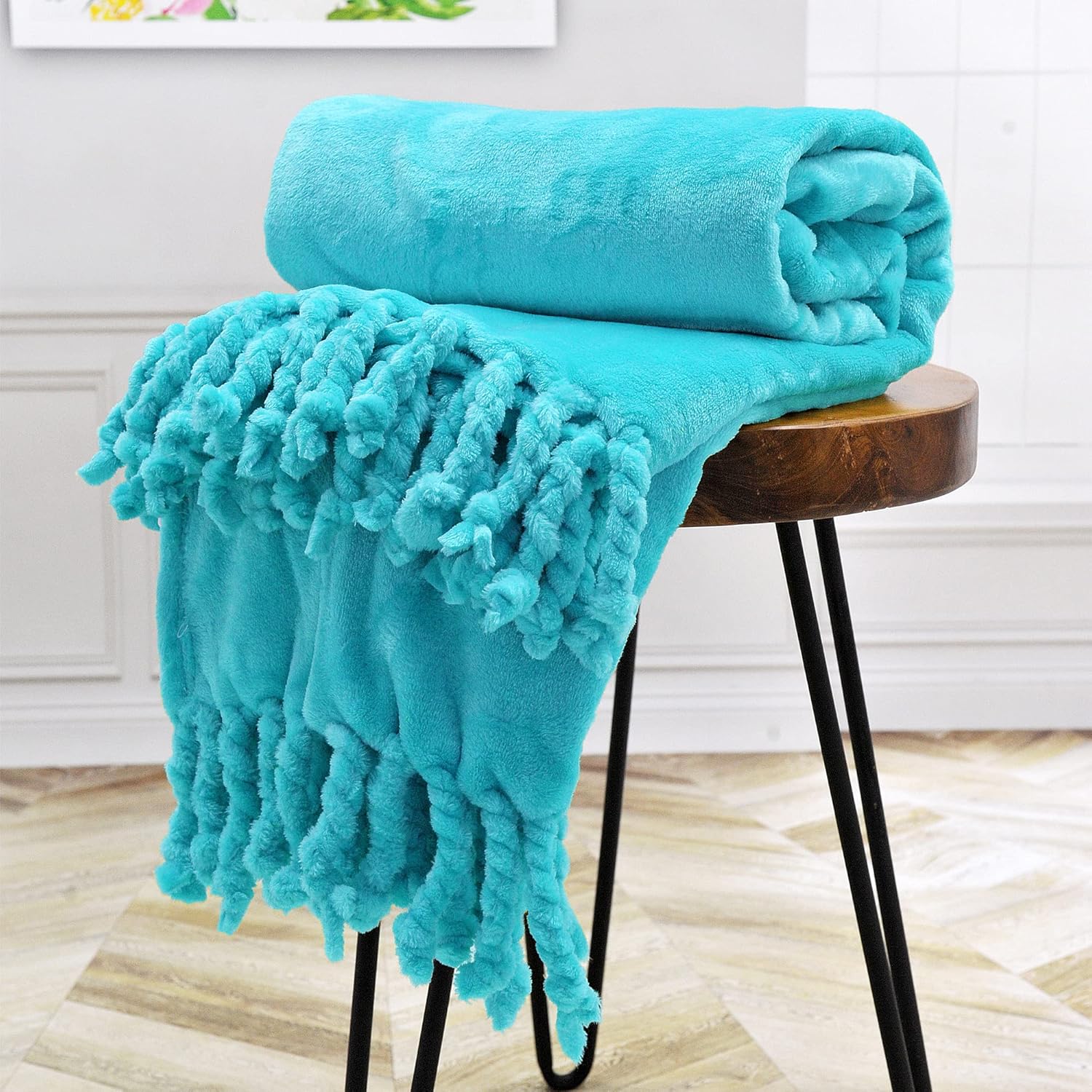 Throw Blankets Couch Cover Flannel Fleece Throw with Braided Rope Fringe Tassels, Plush Cozy Warm Soft Smooth Throw for Couch Sofa Bed Chair Home Décor, 60" x 80", Blue