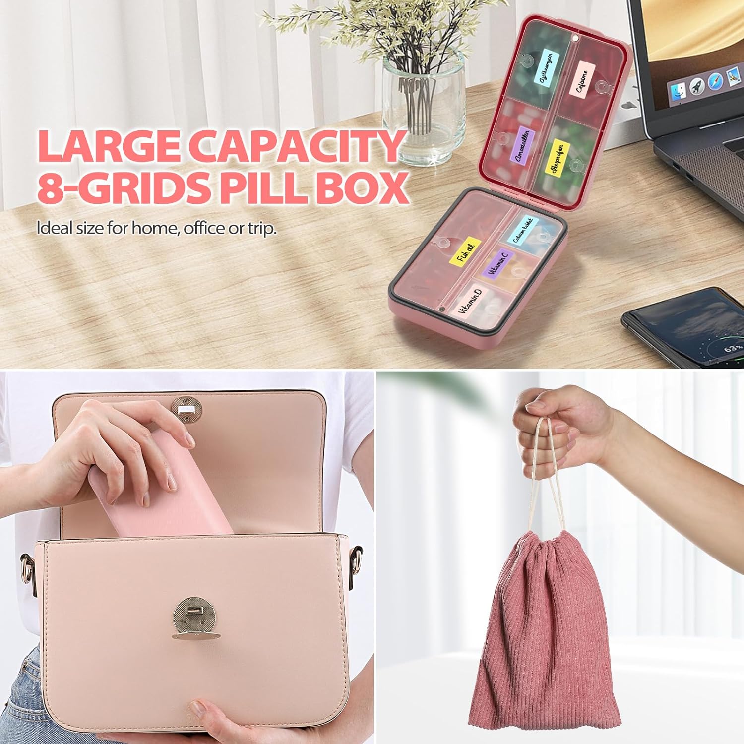 Daily Pill Organizer, 8 Compartments Portable Pill Case Travel Pill Organizer, Pill Container Large for Purse Pocket to Hold Vitamins, Cod Liver Oil, Supplements and Medication, Pink