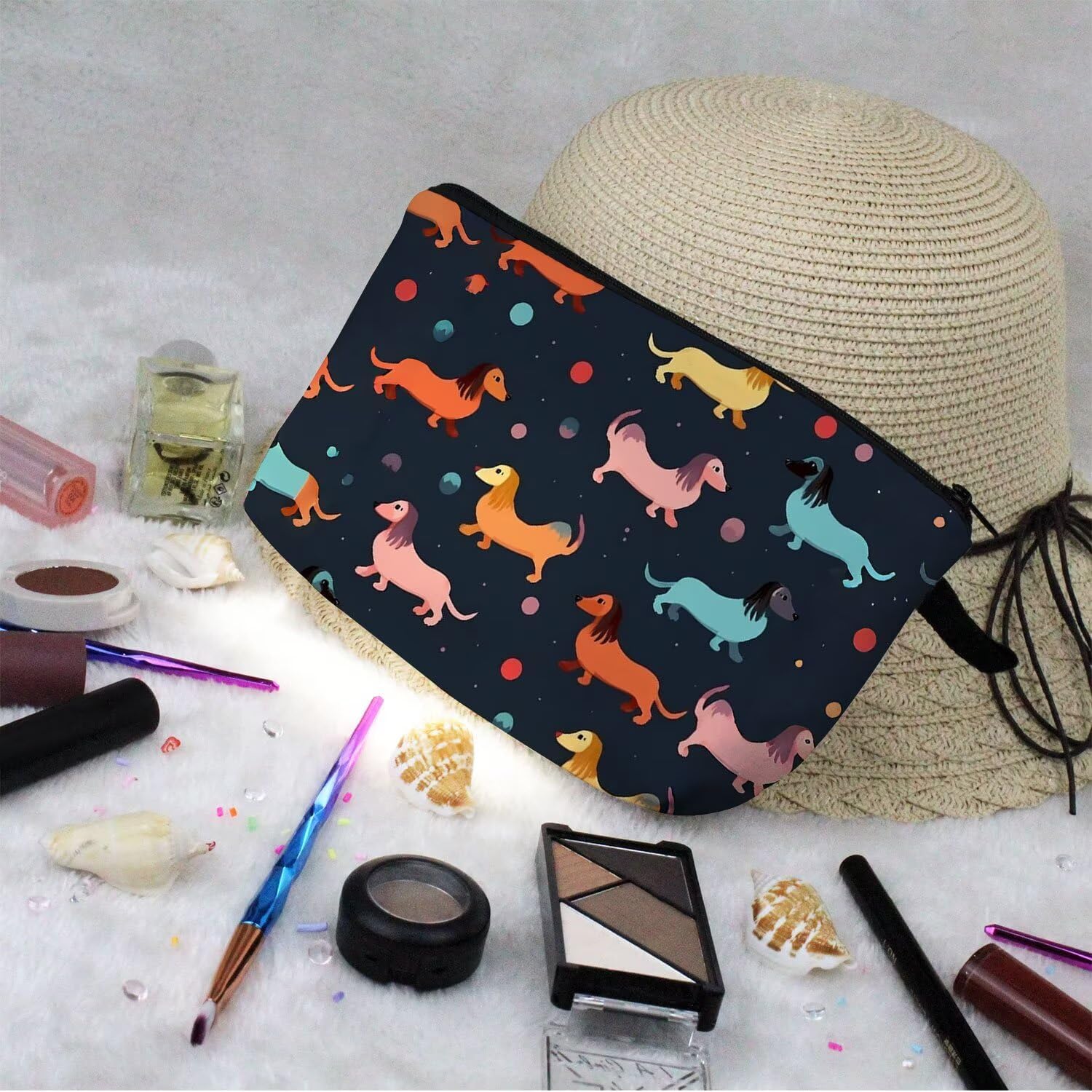 Funny Abstract Dachshund Makeup Bag Cute Small Organizer Zipper Pouch Colorful Puppy Cosmetic Bag Birthday Present for Dog Lovers Dachshund Mom Friends - Image 7