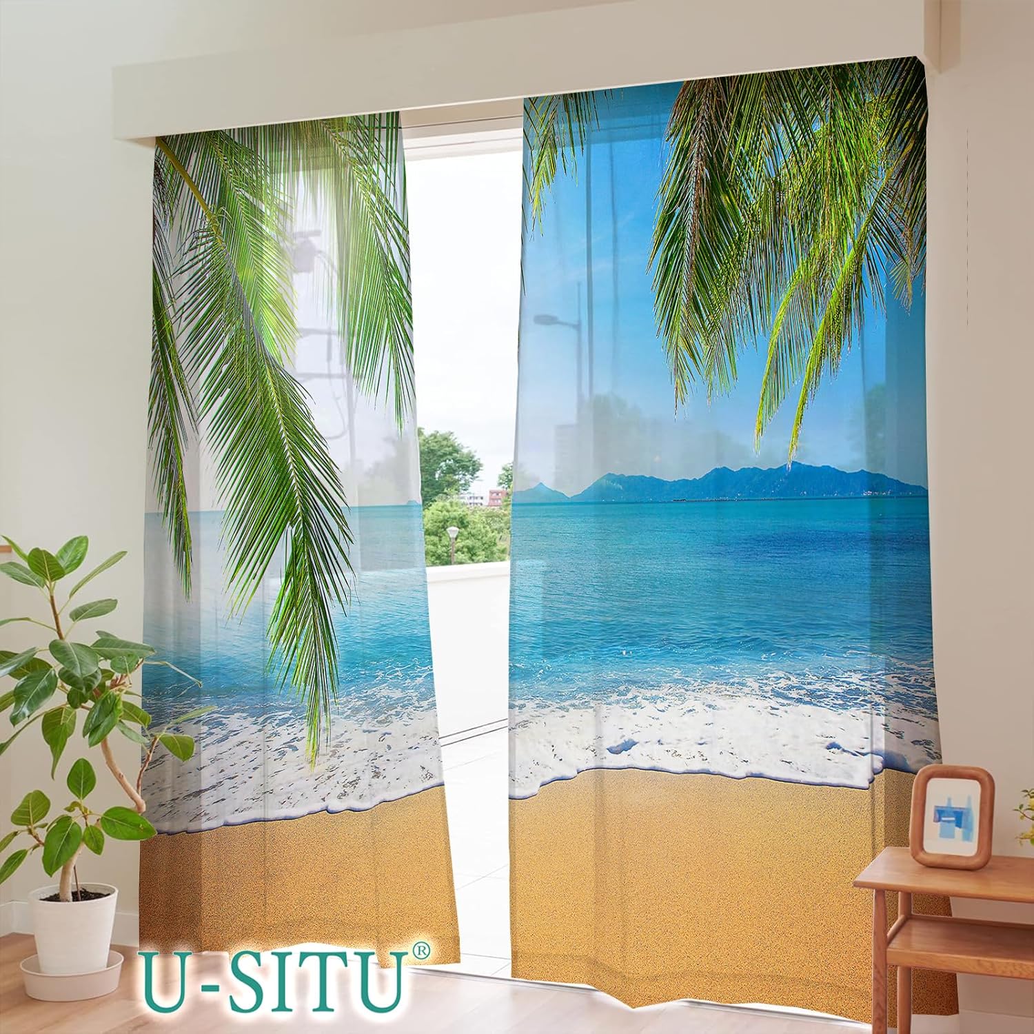 レースカーテン 両開き 雰囲気カーテン インテリア 小窓 掃き出し窓 引違い窓 腰高窓 開放感 青海 青空 おしゃれ 目隠し 雰囲気