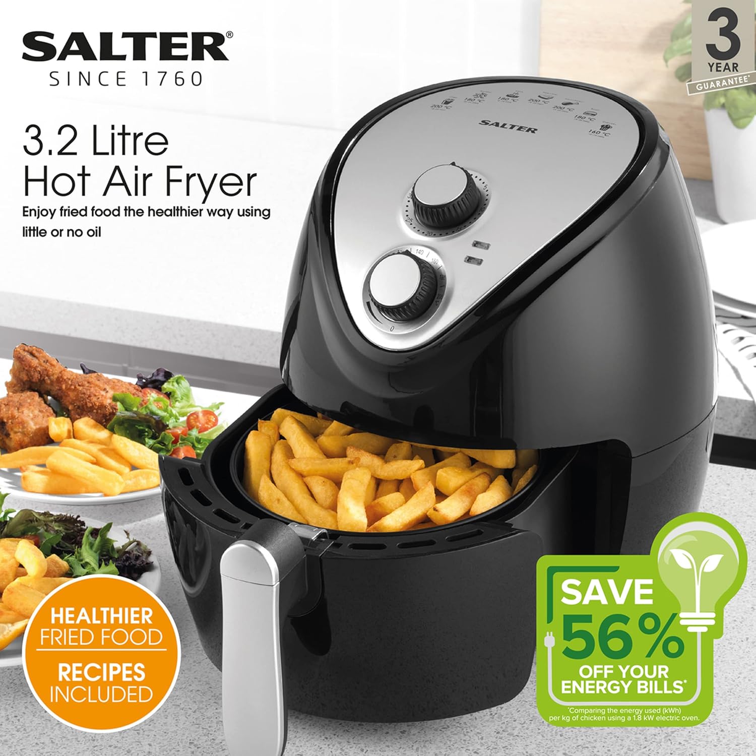 Salter EK2818-Friggitrice ad Aria Calda, 3,2 Litri, 1300 W, Ideale per cibi fritti più sani, Timer 30 Minuti, Controllo della Temperatura Regolabile, Nero, 3.2 Litre Salter EK2818-Friggitrice ad Aria Calda, 3,2 Litri, 1300 W, Ideale per cibi fritti più sani, Timer 30 Minuti, Controllo della Temperatura Regolabile, Nero, 3.2 Litre