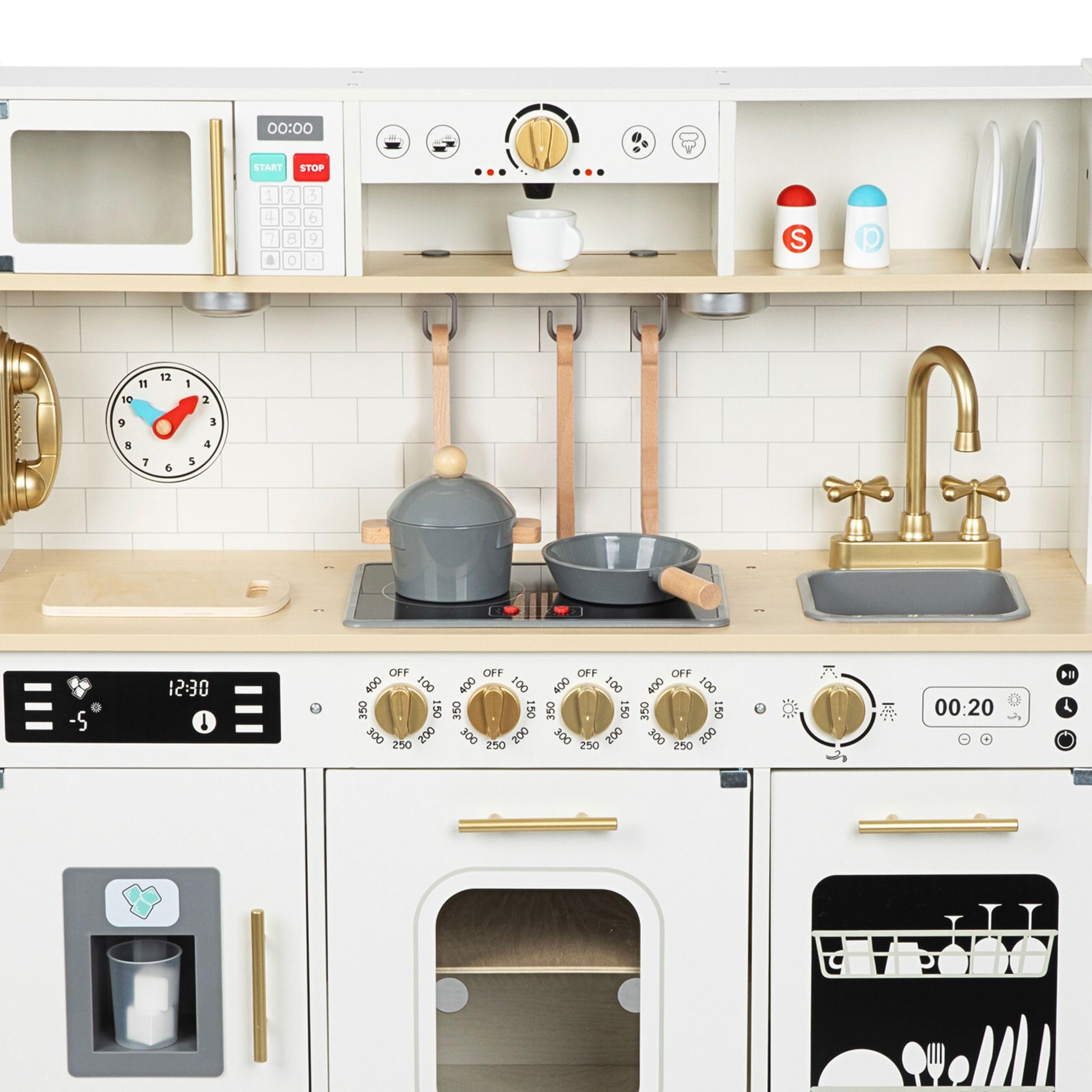 Mamabrum Cocina de Juguete para Niños de Madera con Luces LED - Juguetes Cocina Niños Interactiva con Altura Ajustable - Incluye Microondas, Lavavajillas y Accesorios - 104cm
