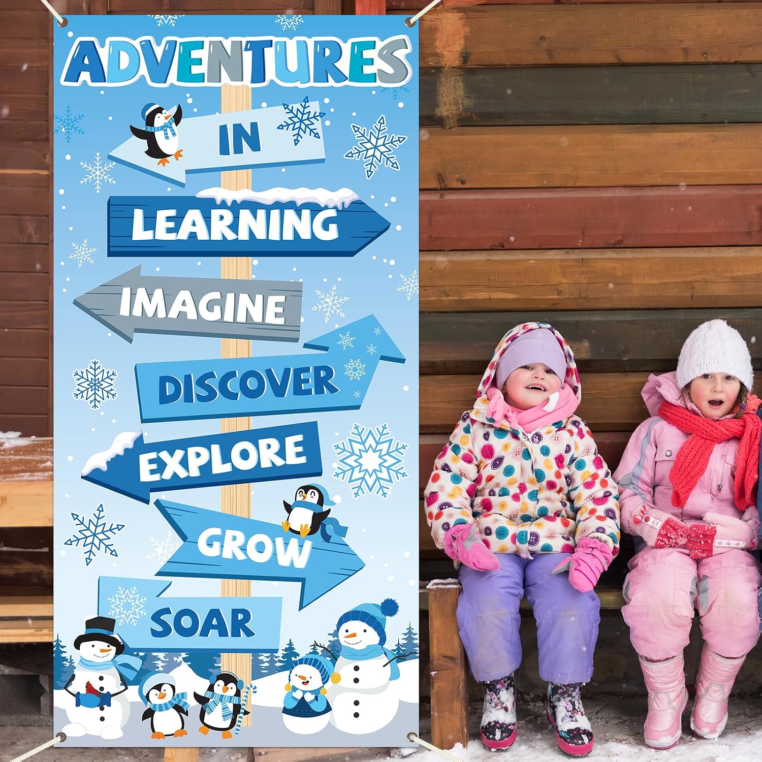 Winter Adventures in Learning Door Cover Decoration Winter Snowman Signpost Classroom Door Banner Snowflake Penguin Hanging Backdrop Background for Back to School Front Doors Home Decor Outdoor Indoor