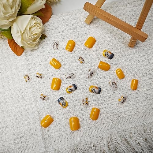 Miniatura 2 de Uñas postizas a presión de otoño uñas postizas amarillas con acabado acrílico brillante, reutilizables, diseño cuadrado corto, 24 piezas