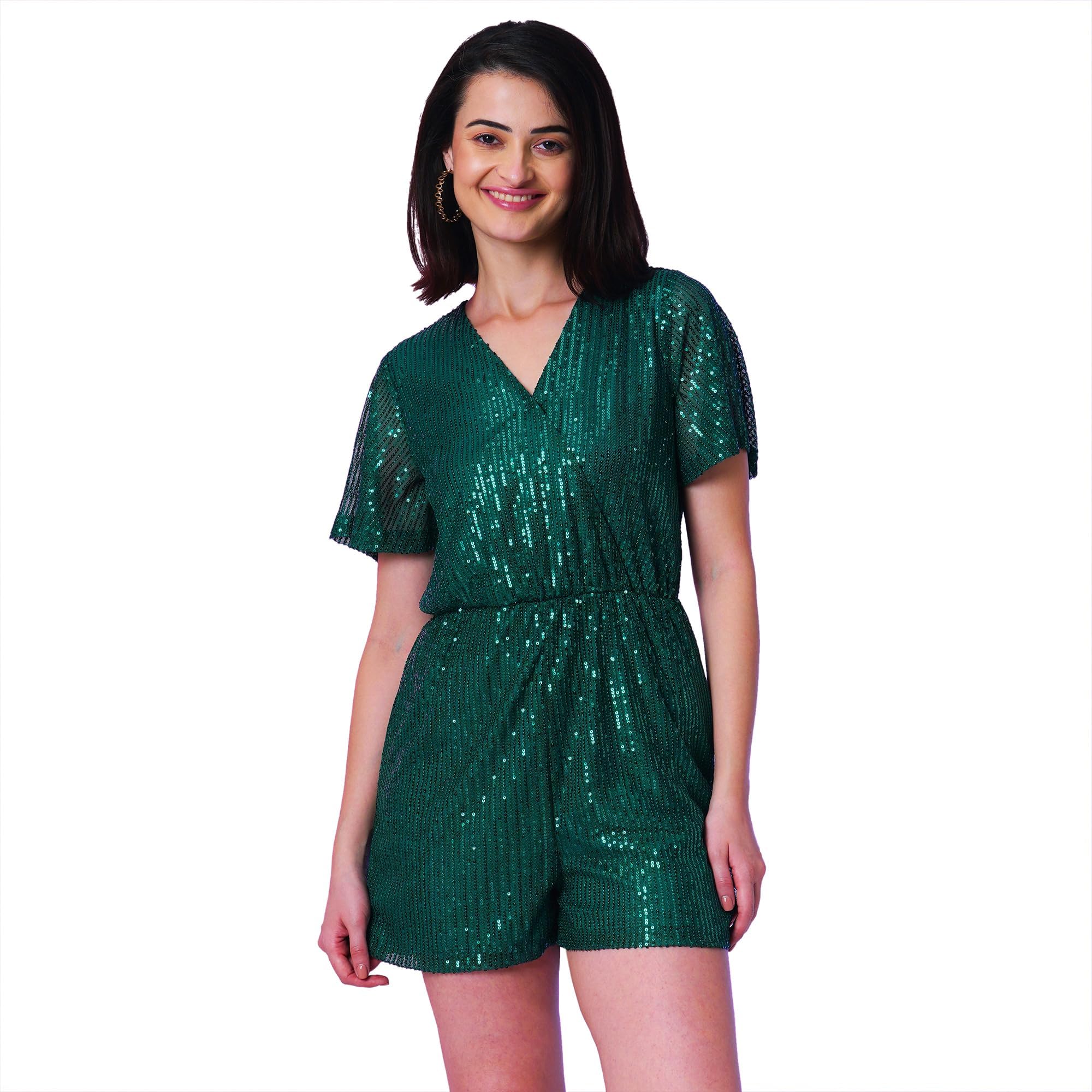 Women Embellished Flared Sleeve Wrap Party Playsuit-image-26