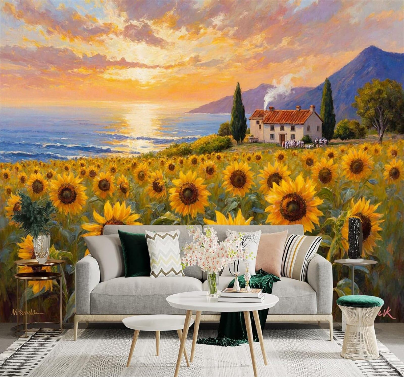 Xlming 350Cm×256Cm(B×H) Seaside Sunflower Field Sunset Sky Country Cottage 3D Wallpaper Silky Texture Home Study Office Grey Dining Room Sofa Bedroom Living Room Tv Backdrop-350Cm×256Cm
