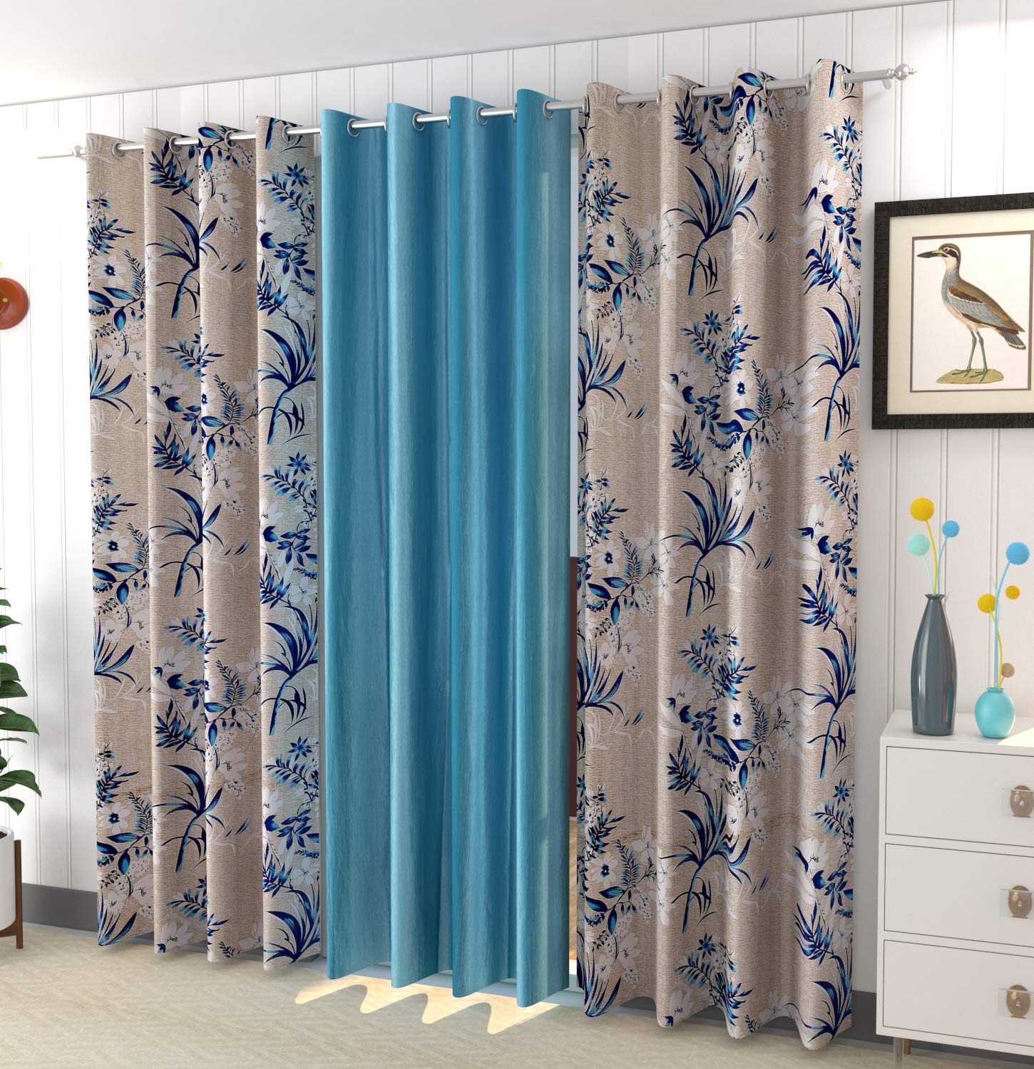 Impression Hut Long Print Joint Wind Leaf + Plain Curtains for Window 3 Pc. Color Black Size 4 Feet x 5 Feet. (4 Feet x 7 Feet, 3 Pc Aqua)