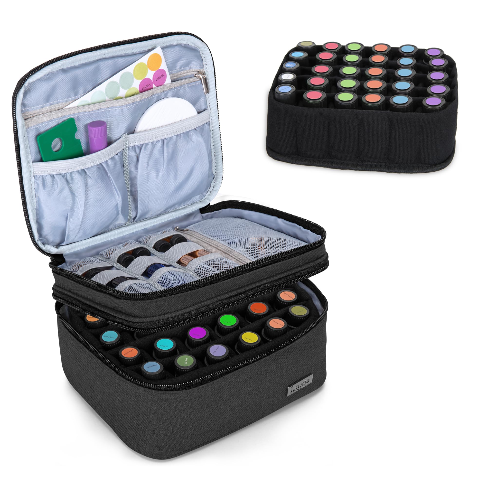 LUXJA Essential Oil Carrying Case - Holds 30 Bottles (5ml-30ml, Also Fits for Roller Bottles), Double-Layer Organiser for Essential Oil and Accessories, Black