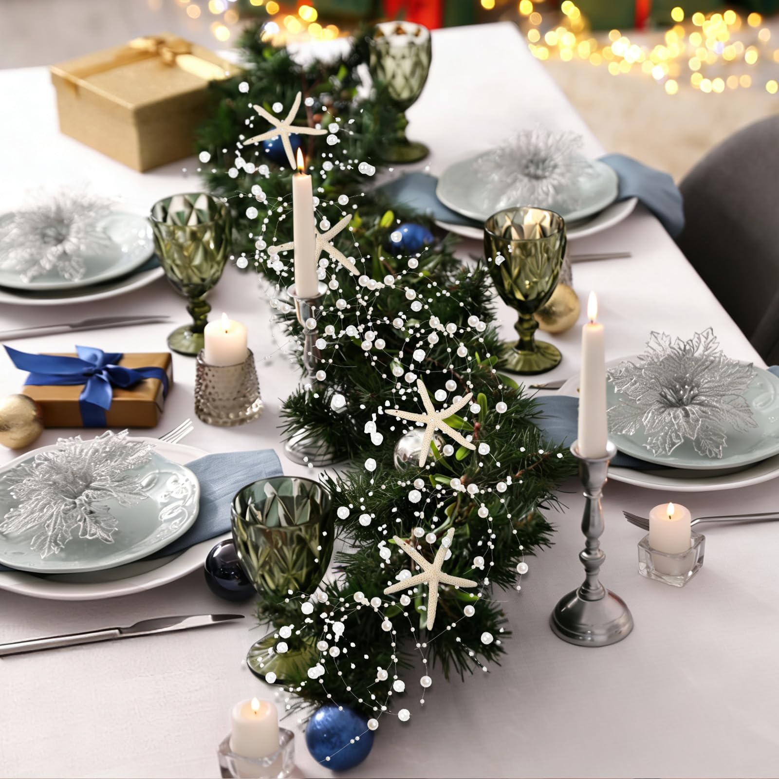 Perlen Seestern Girlande Weihnachtsdekorationen 203,2 cm natürliche Seestern Weihnachten Perlen Girlande mit 6 Stück Finger Seestern für Weihnachtsbaum Strand Heimdekoration Lieferungen Perlen