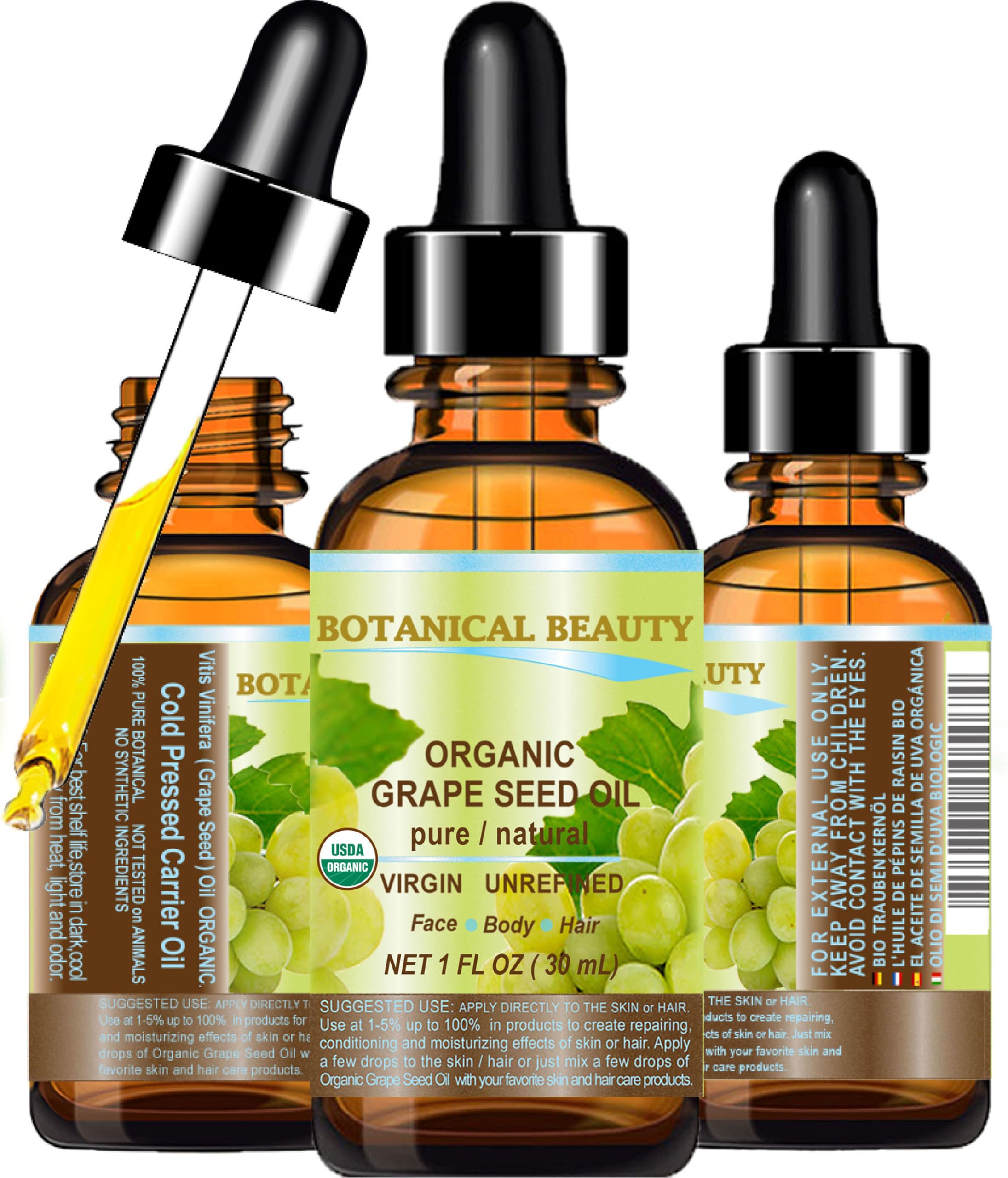 Botanical Beauty Organic GRAPE SEED OIL 100% Pure Natural VIRGIN UNREFINED Cold-Pressed Carrier Oil for Face, Skin, Body, Hair, Lip, Nails, Massage. Rich in Vitamin E (1 Fl Oz)