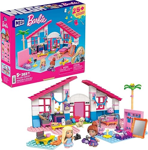 MEGA Construx Barbie - Juego de juguetes de construcción para niños, casa Malibu con 303 piezas, 2 micromuñecas, muebles y accesorios, a partir de 5