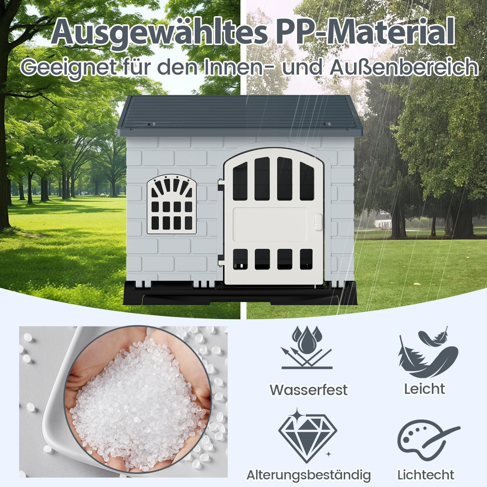 Plastik-Hundehütte, Hundehütte Welpenunterstand mit 3 Fenstern, abschließbare Tür, Schrägdach, abnehmbares Tablett, Indoor- und Outdoor-Hundezwinger für kleine und mittelgroße Hunde (Grau)