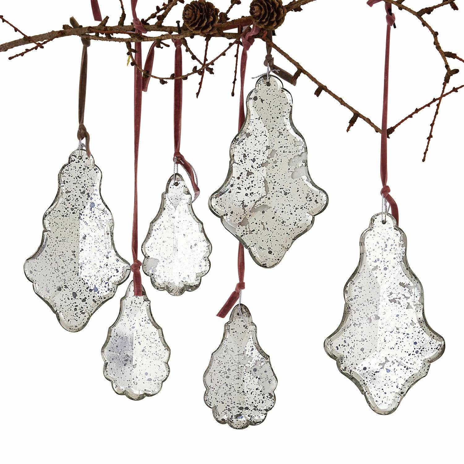 Loberon Anhänger 6er Set Mistralon, antiksilber | Mundgeblasen, Zwei Größen, Nostalgischer Charme, Christbaumschmuck, Weihnachtsdeko, Weihnachten, Glas, Polyester