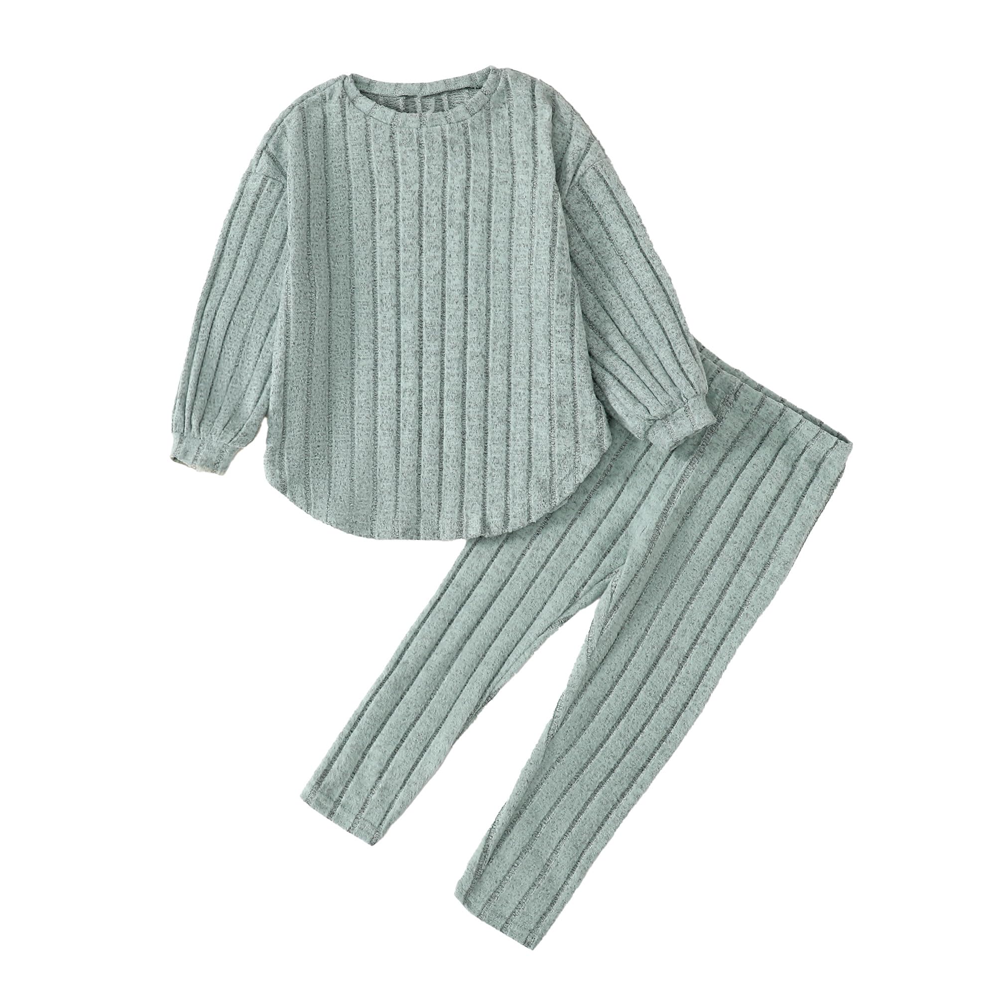 DEFAHN Toddler Girl Fall Clothes Set Warm Soft 2-piece Long Sleeve Ribbed Knit Tee & Leggings Winter Drop Shoulder Girl Set