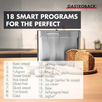 Gastroback Design Advanced Automatic Bread Maker, 18 Programmes, 3 Loaf Sizes, 3 Browning Levels, Makes Bread, Jam, Yoghurt and Ice Cream - 62823