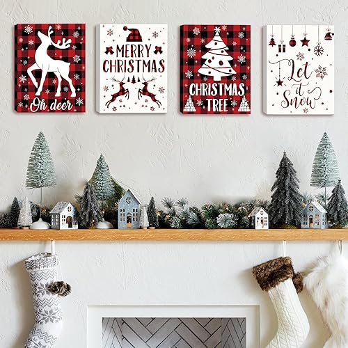 Miniatura 9 de KAIRNE Decoración navideña con letrero de alegría (12 x 16 pulgadas), diseño rústico de búfalo a cuadros, lienzo con corona de Navidad, impresión