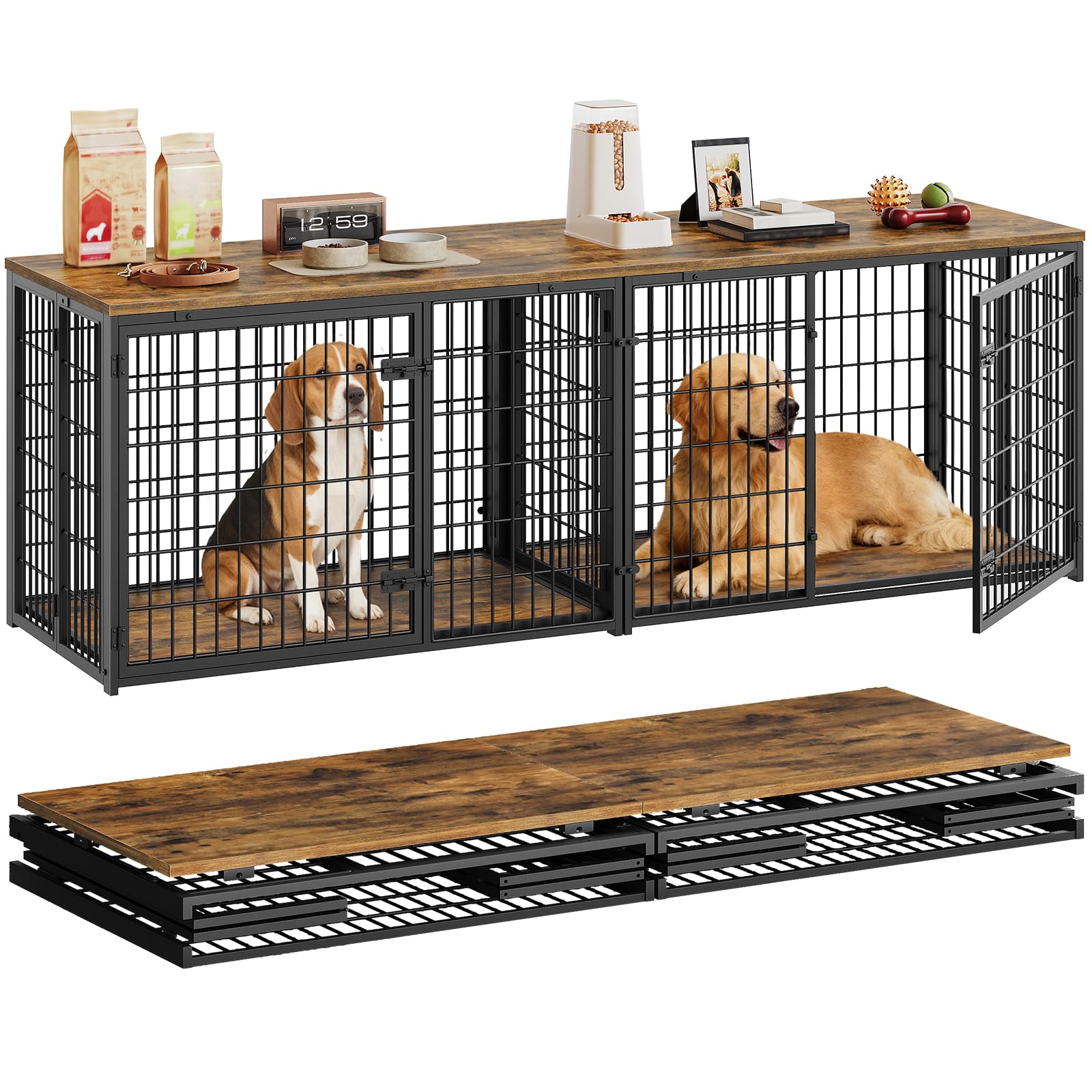 YATINEY Foldable Dog Crate Furniture for 2 Dogs, 78.7'' Double Dog Kennel Indoor with Removable Divider, Heavy Duty Dog Cage, for Small/Medium/Large