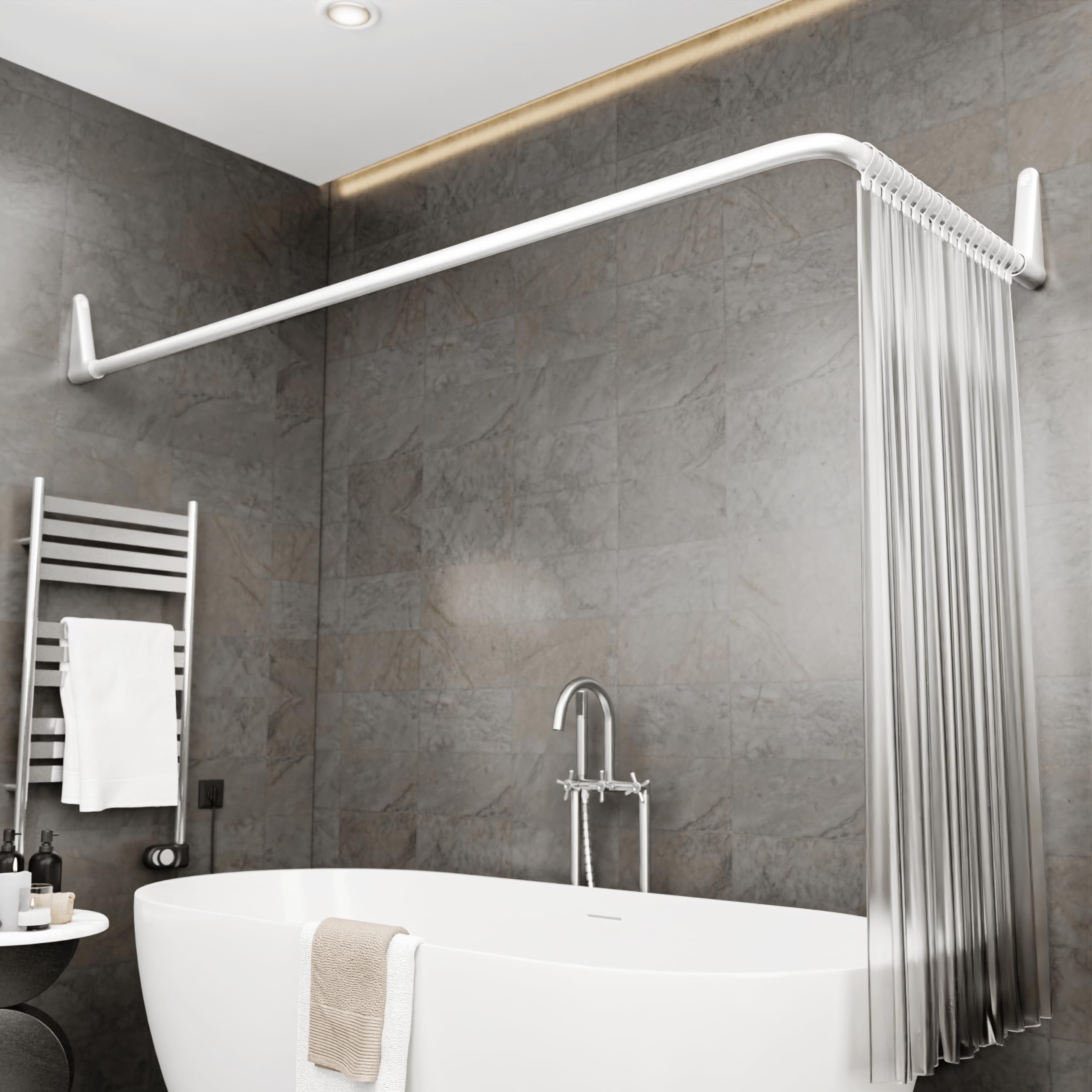 Misounda Tringle à Rideau de Douche L Forme, Barre De Douche Angle en Acier Inox, 75x170 cm Barre Rideau Douche Noir Réglable avec Anneaux, pour Salle de Bain Baignoire Vestiaire