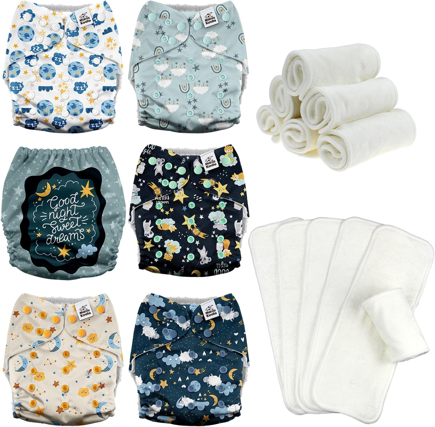 Mama Koala 3.0 Baby Cloth Diapers with 6 Inserts Bundle, with 6pcs 5-Layer Bumboo(No Microfiber) Inserts