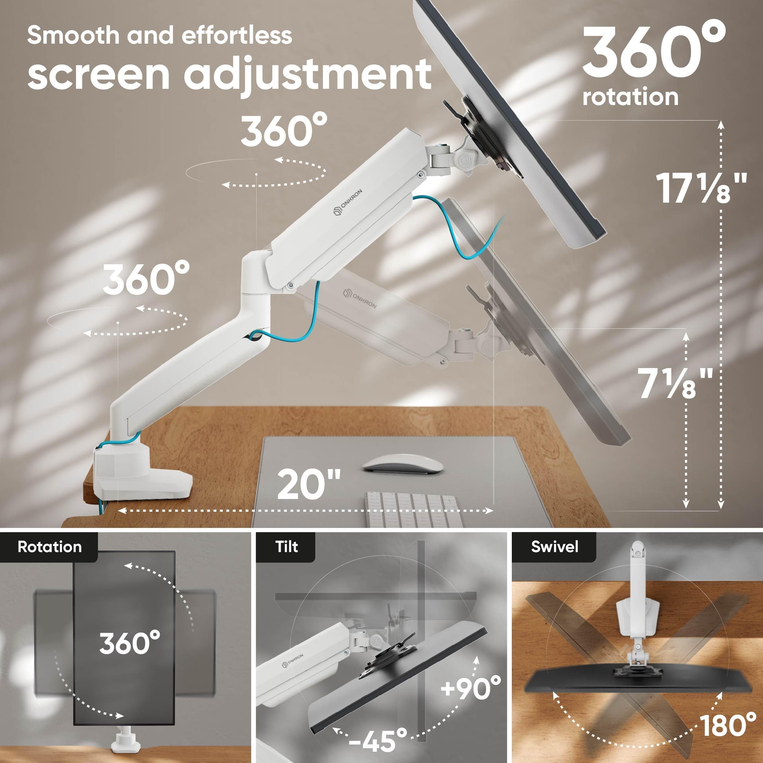 ONKRON Supporto Monitor Professionale da Scrivania con molla a gas 13¨-32¨ VESA max 100x100 mm LCD LED Braccio inclinabile fino 8kg