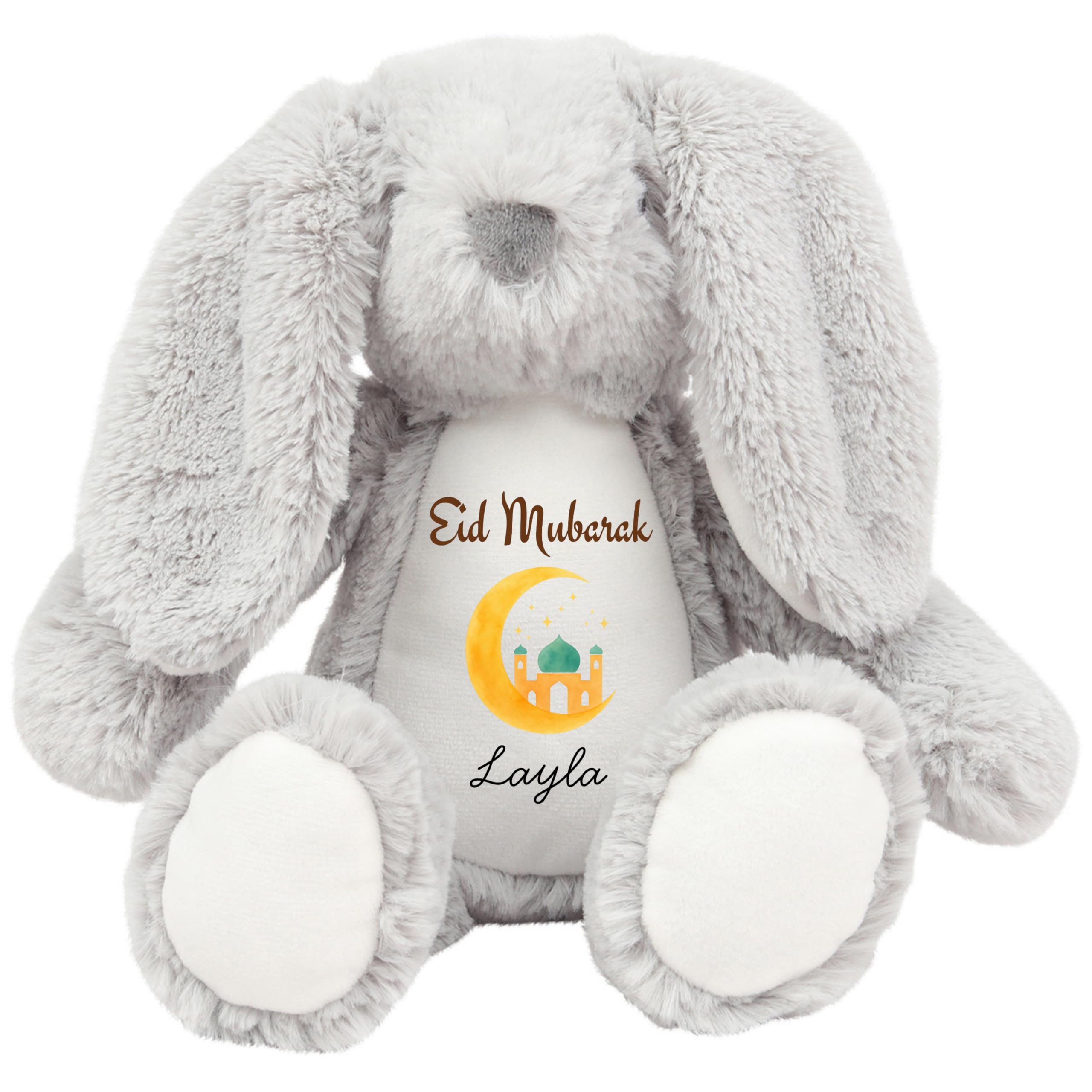HotScamp Eid Gift Cuddly Toy - Personalised Eid Mubarak Gold Moon Customised Teddy Kids Plush Named Ramadan My First Muslim Islamic Baby Child Soft Plushie - Grey Bunny